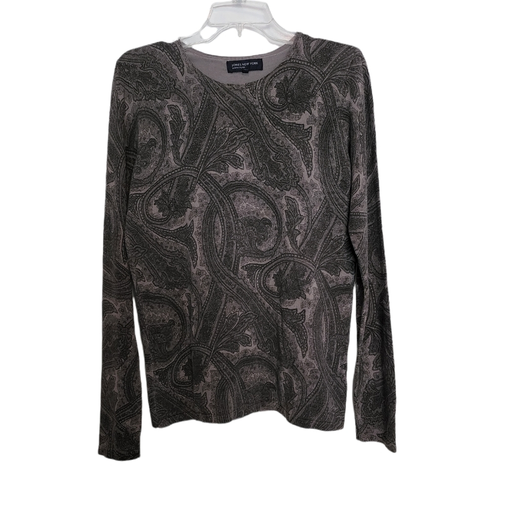 JONES New York Signature brown tan print long sleeve silk blend tee shirt SZ Med